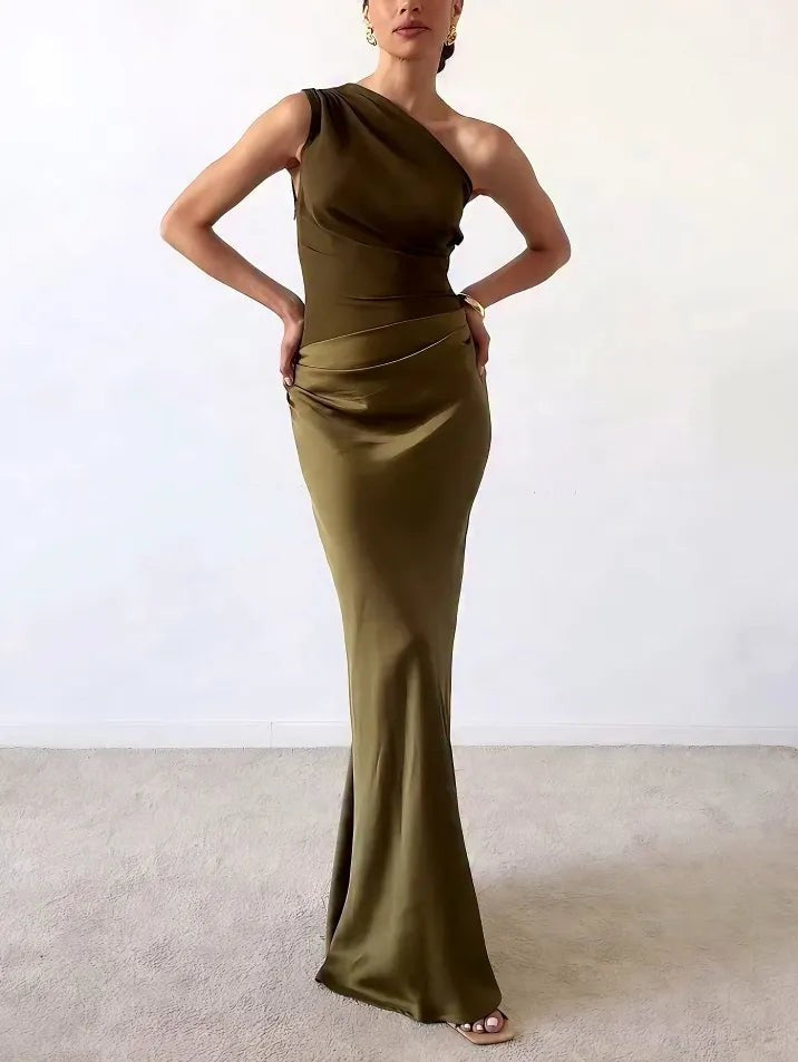 Olive green one-shoulder satin maxi dress with draped ruching detail