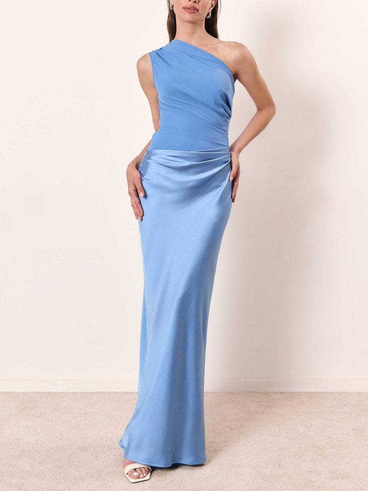 Powder blue one-shoulder satin gown with pleated bodice and sleek skirt