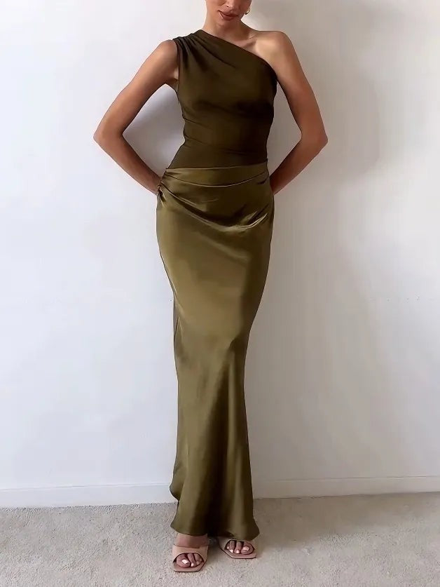 Back view of brown one-shoulder gown showing satin skirt and train