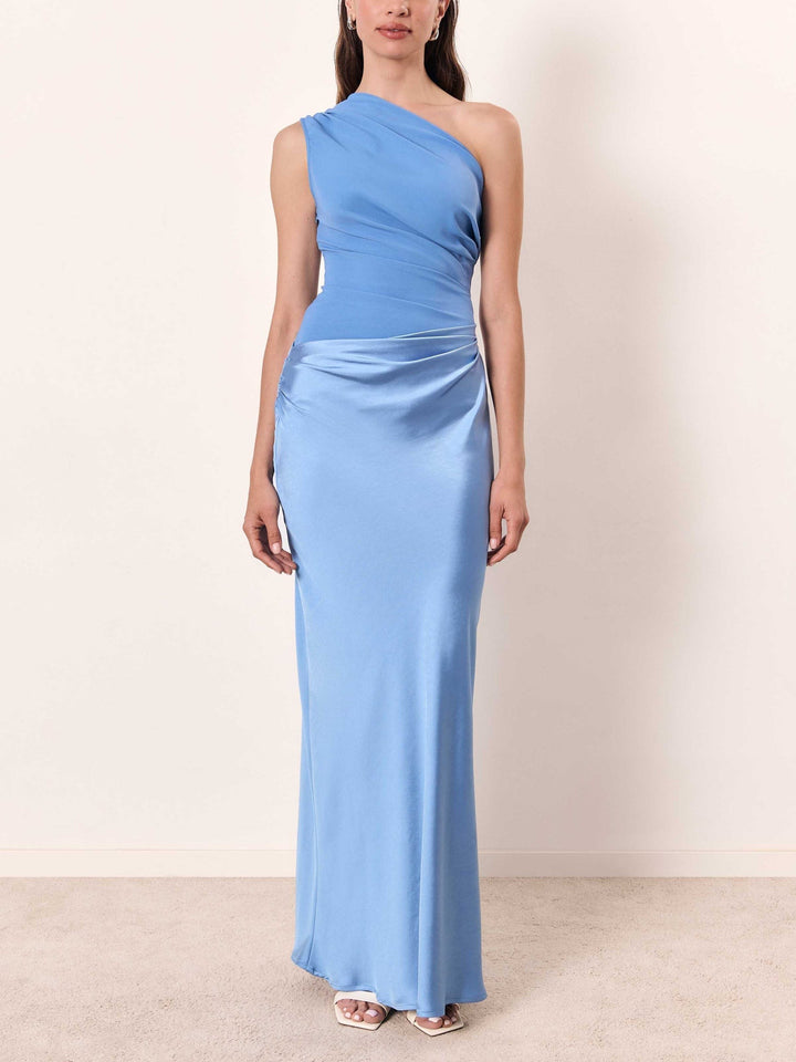 Olive one-shoulder maxi dress with ruched bodice and nude heeled sandals
