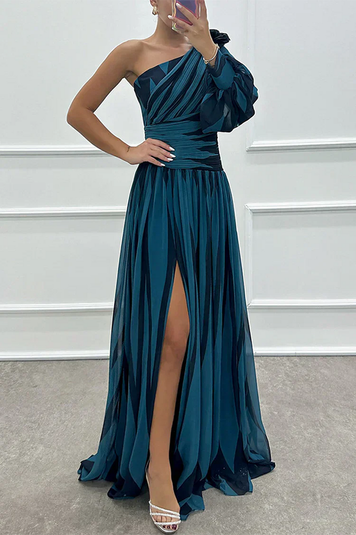 Teal striped one-shoulder maxi dress featuring puff sleeve and high leg slit
