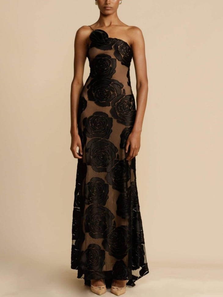 One-shoulder floral maxi dress in black with nude underlay