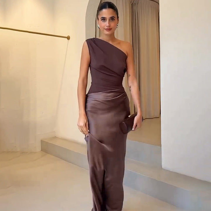Chocolate brown one-shoulder satin maxi dress with ruched waist detailing