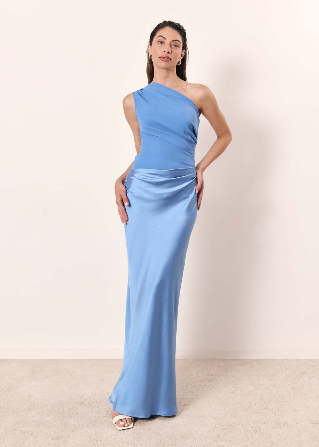 Cornflower blue one-shoulder satin maxi dress with gathered waist detail
