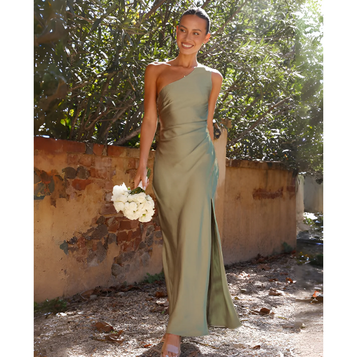 Sage green satin one-shoulder maxi dress with thigh-high side split