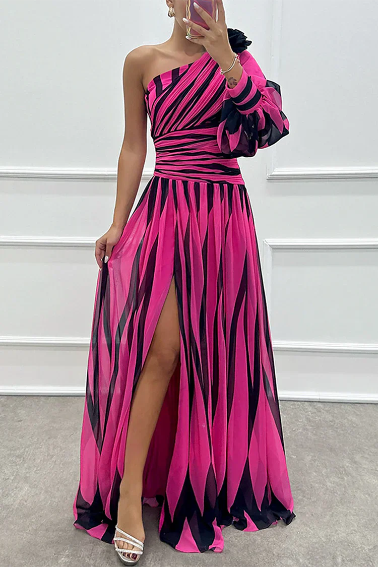Hot pink striped maxi dress with one-shoulder neckline and side slit