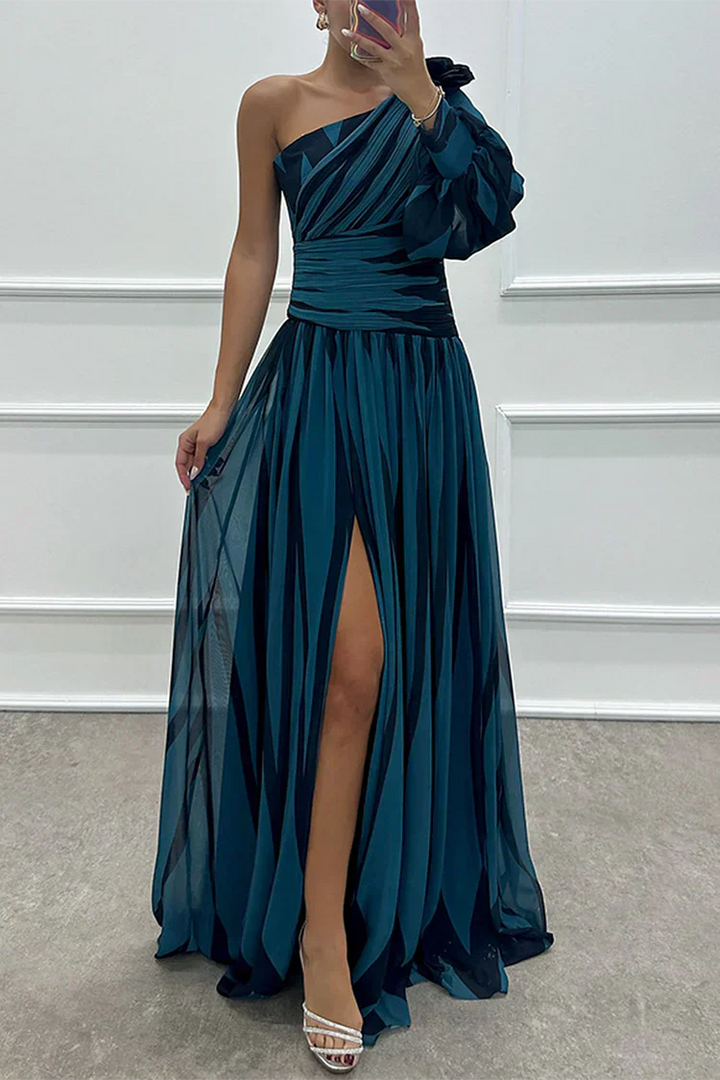 Teal striped one-shoulder evening gown with ruched bodice and flowing skirt