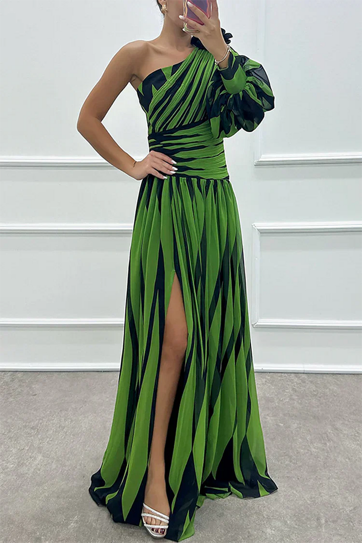 Green striped one-shoulder maxi dress with fitted waistband and dramatic slit