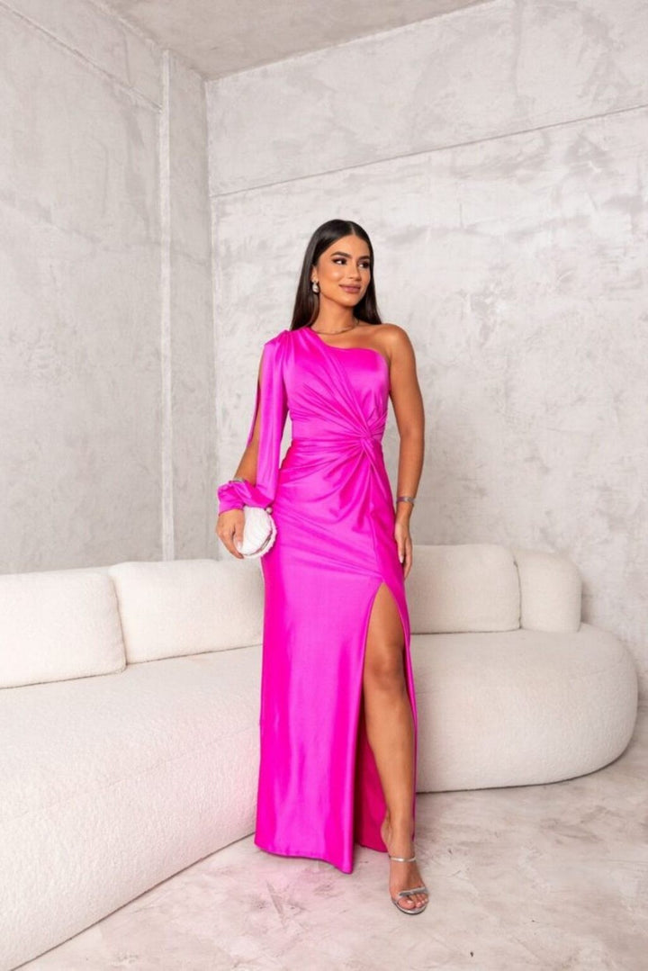 Fuchsia pink satin one-shoulder evening dress with twist waist and split skirt