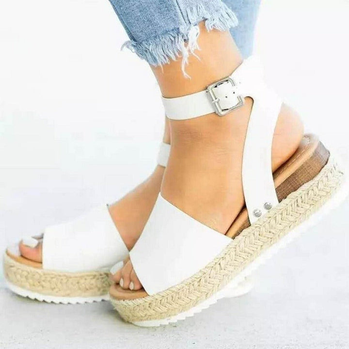 White ankle-strap espadrille wedges with woven jute platform sole