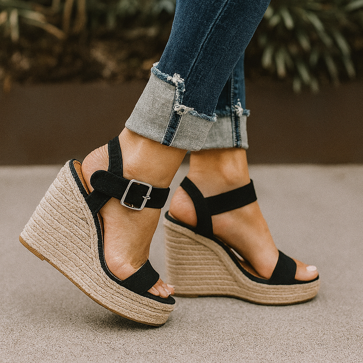 Black open-toe wedge sandals featuring woven jute platform sole