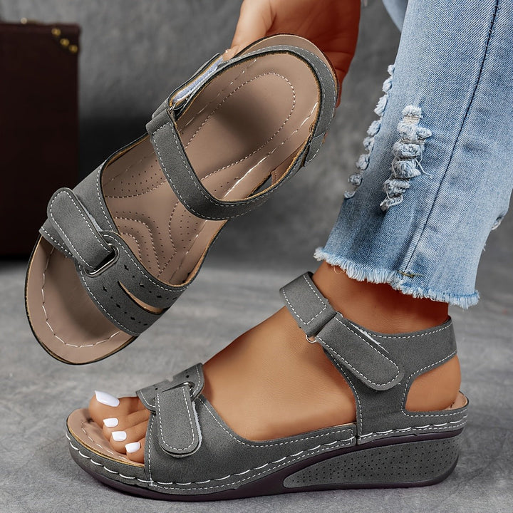 Grey suede-effect wedge sandal with touch-strap fastening and stitched detailing