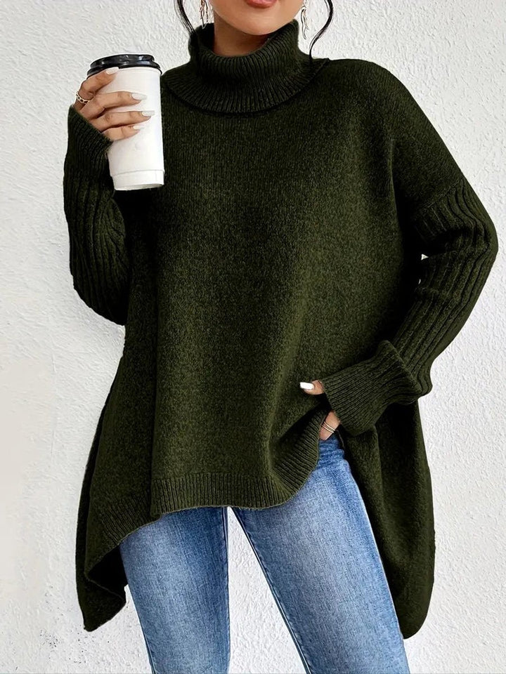 Khaki green longline turtleneck sweater with ribbed sleeves and relaxed fit