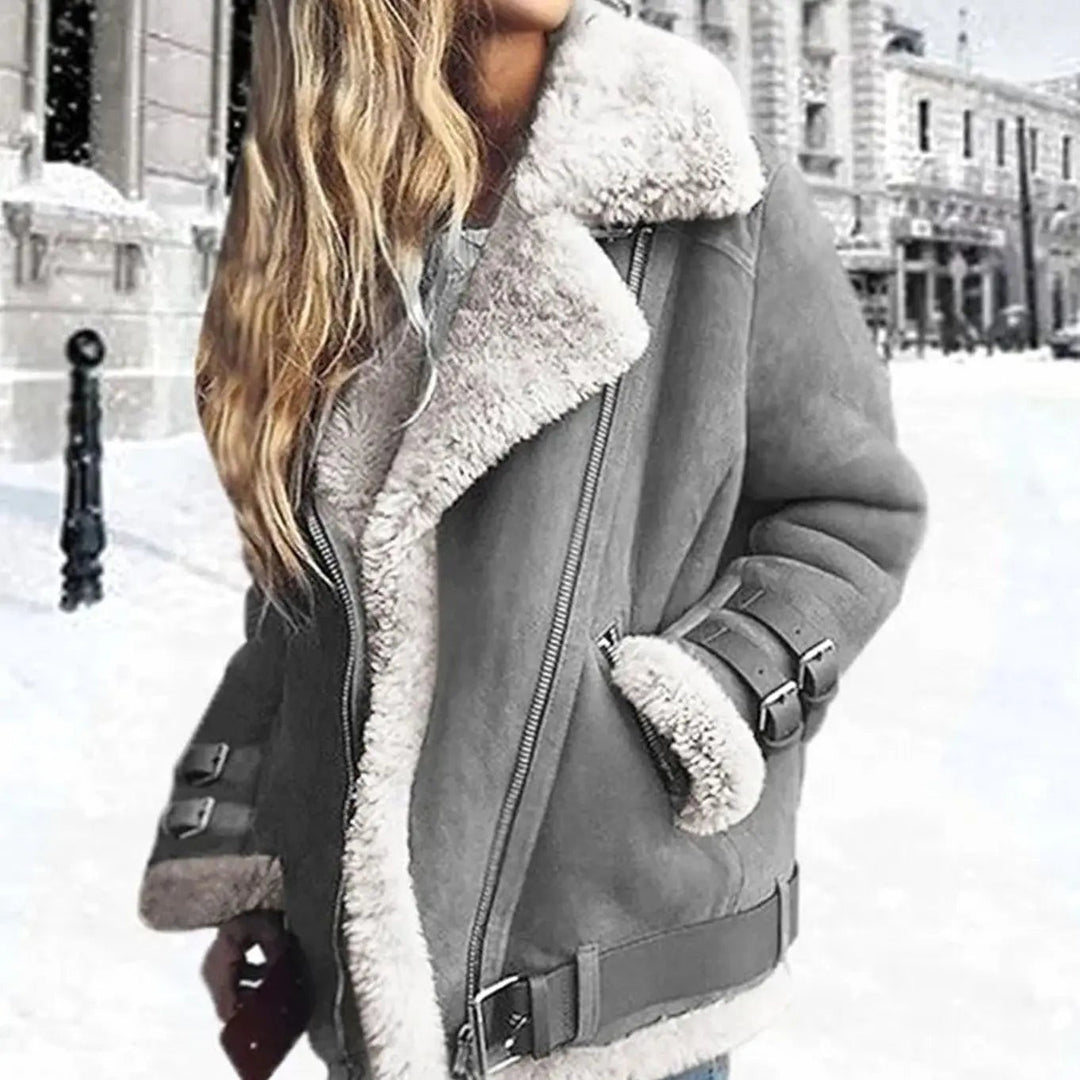 Grey faux fur lined suede jacket featuring oversized shearling collar