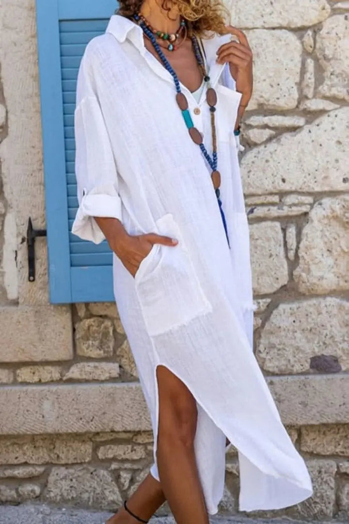White linen midi shirt dress with front pocket and side slit detail