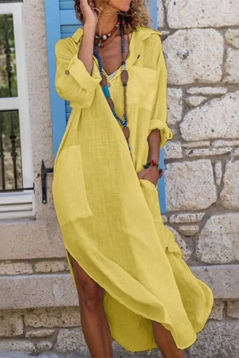 Yellow linen oversized shirt dress with collared neckline and side split