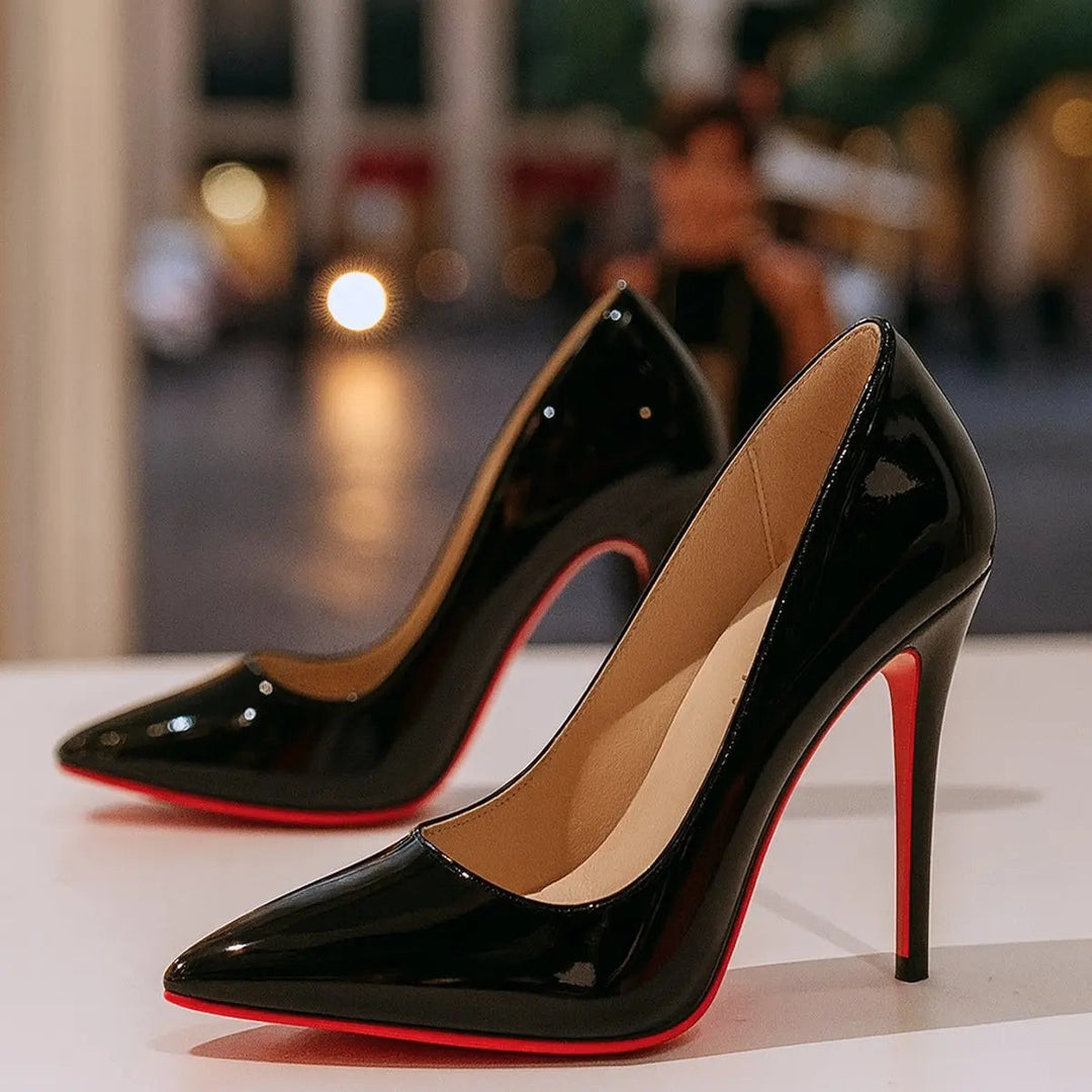 Black patent high heels with red soles displayed side by side on a tabletop