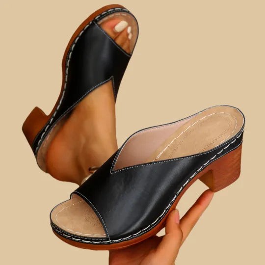 Black leather block-heel mule sandals with peep toe, shown from side angle