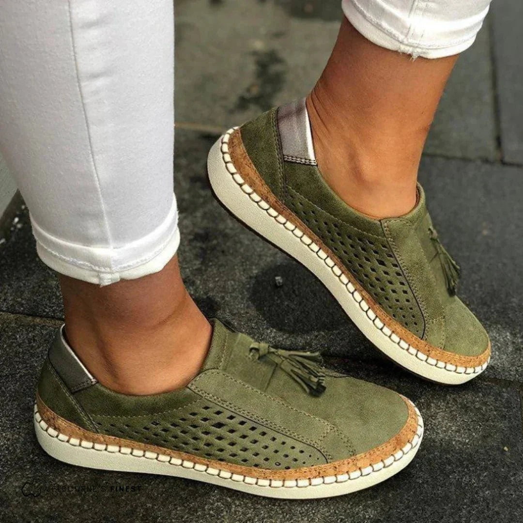 Khaki suede slip-on trainers with tassel detail and cork-effect sole