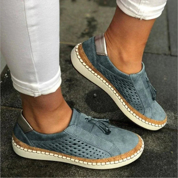 Dusty blue suede slip-on trainers with tassel front and whipstitch sole