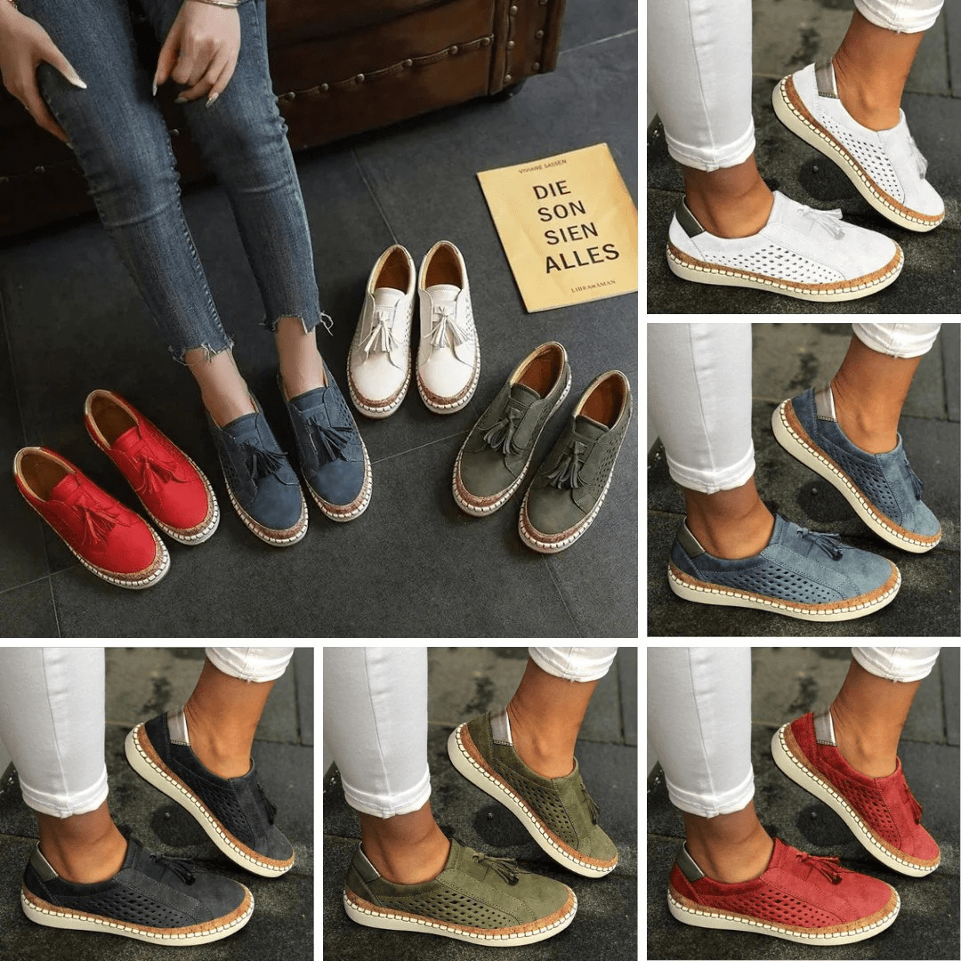 Colour range of tasselled slip-on trainers in red, white, blue, khaki and black