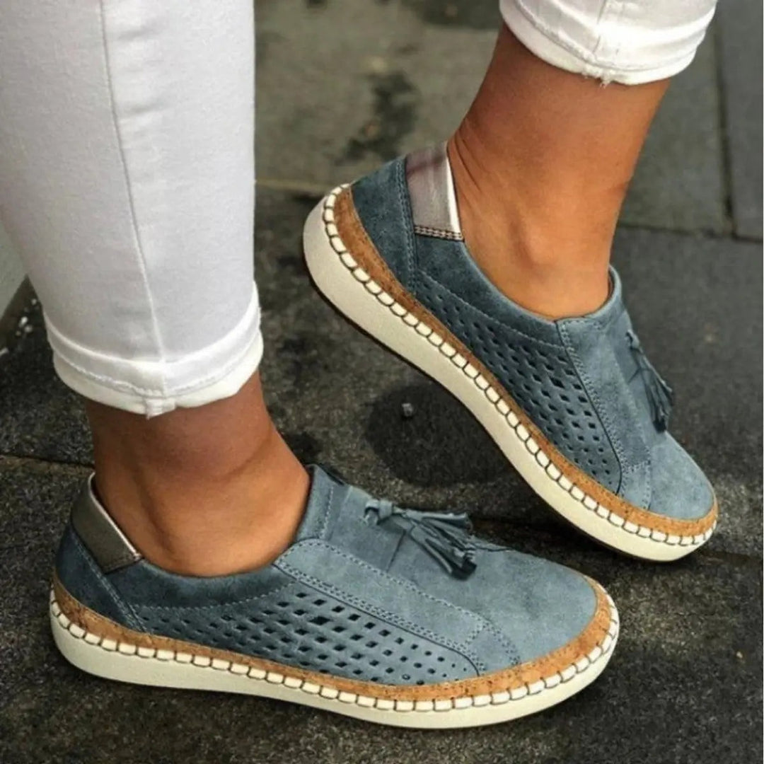 Dusty blue suede slip-on trainers with cork-effect sole and stitched trim