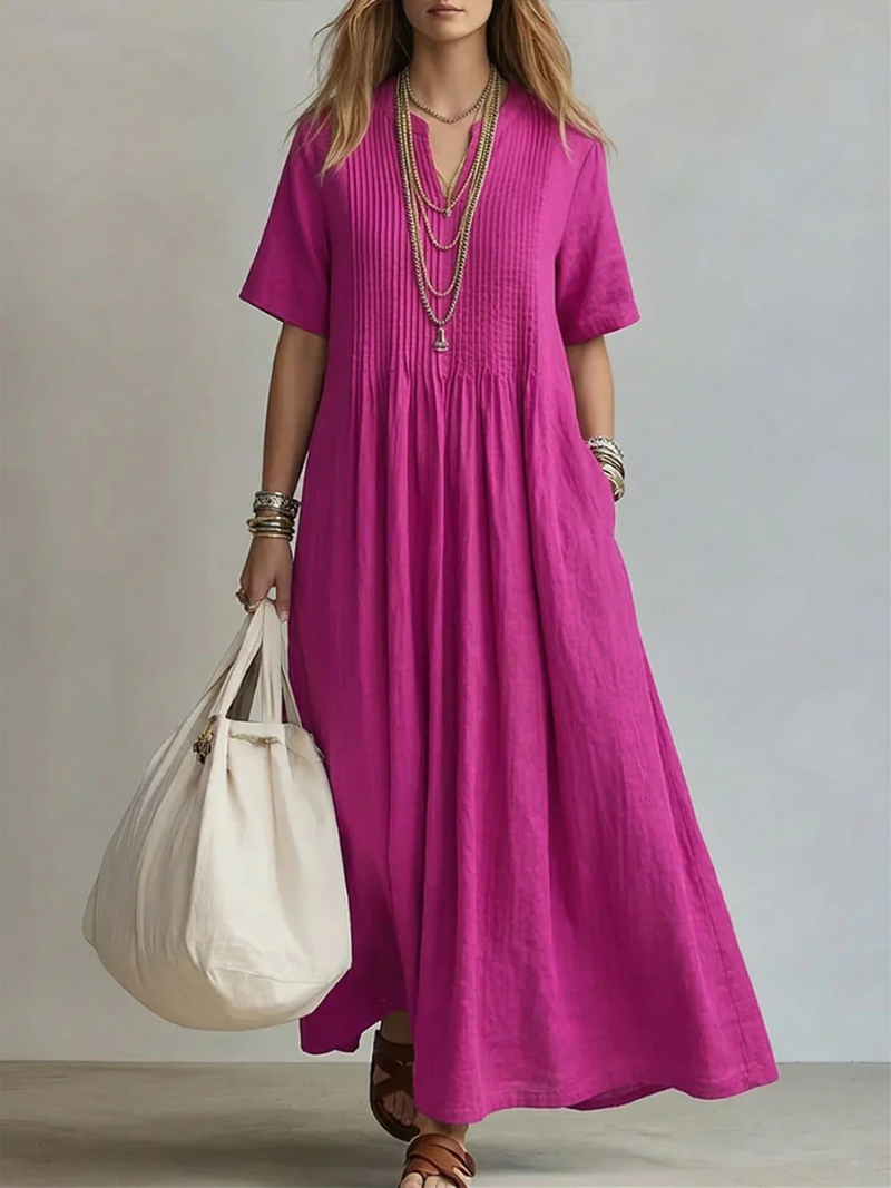 Magenta linen maxi dress with pintuck bodice and short sleeves