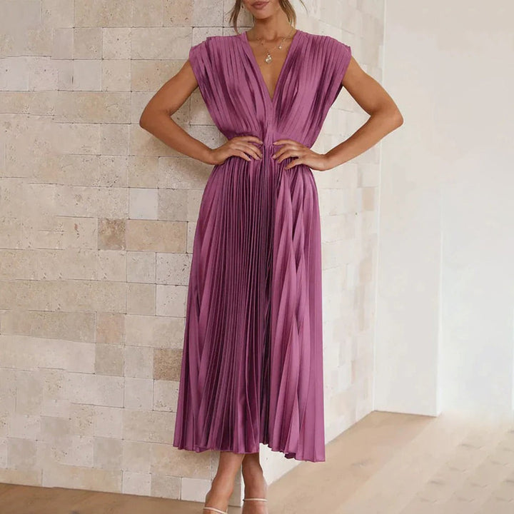 Mauve pleated satin midi dress with deep V-neck and cap sleeves