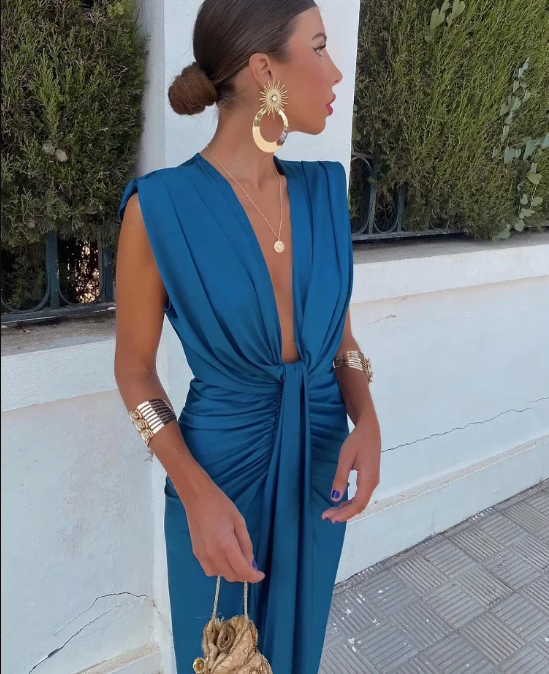 Teal plunge-neck pleated maxi dress with draped knot-front detail