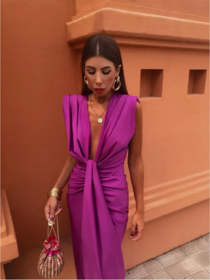 Magenta pleated maxi dress with plunging neckline and gathered waist