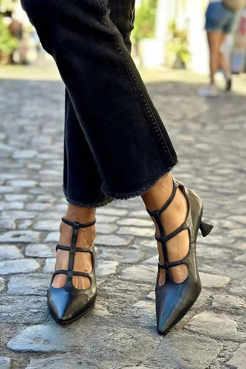 Black leather pointed T-bar court shoes with strappy mid heel detailing