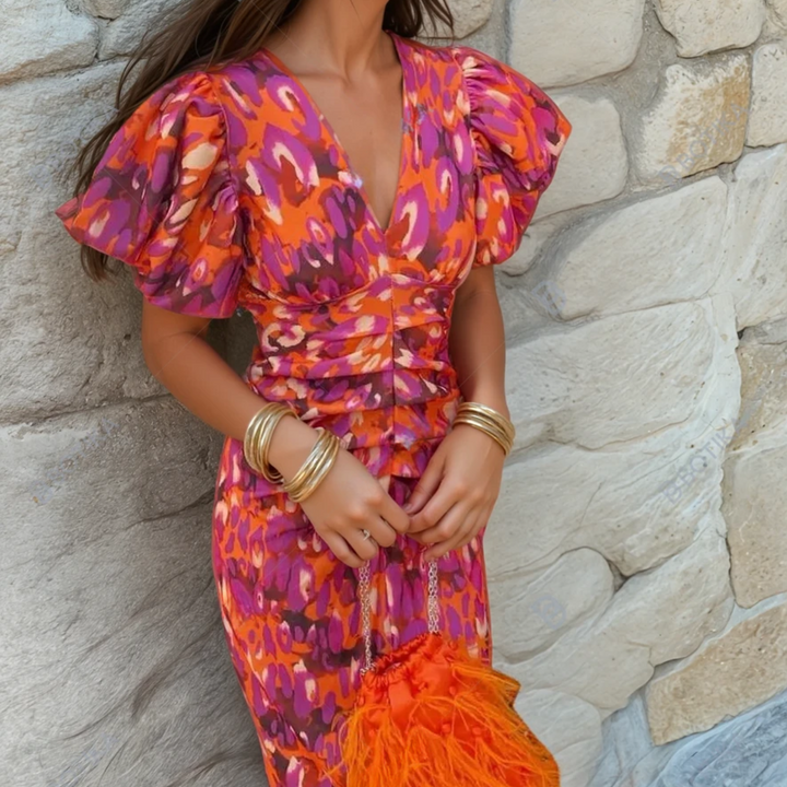 Orange and pink abstract print midi dress with puff sleeves and ruched waist