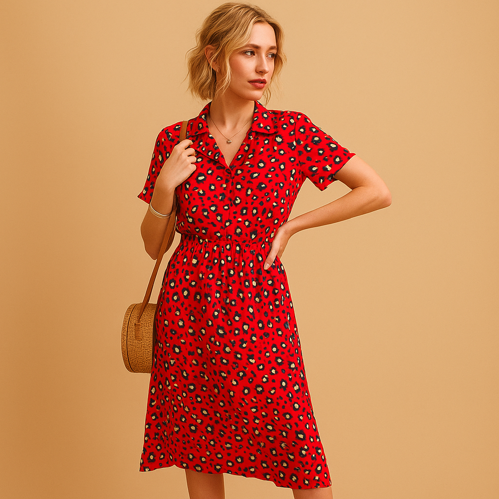 Red leopard-print midi shirt dress with short sleeves and collared neckline