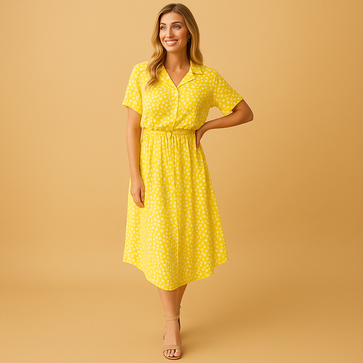 Yellow polka dot midi shirt dress with elasticated waist and short sleeves