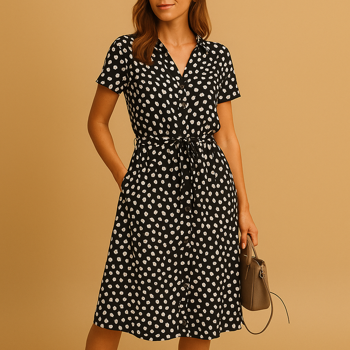 Black polka dot midi shirt dress with tie belt and button-through front
