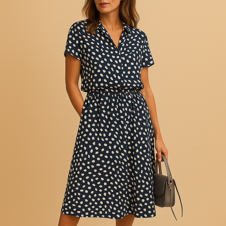 Navy polka dot midi shirt dress with elasticated waist and side pockets