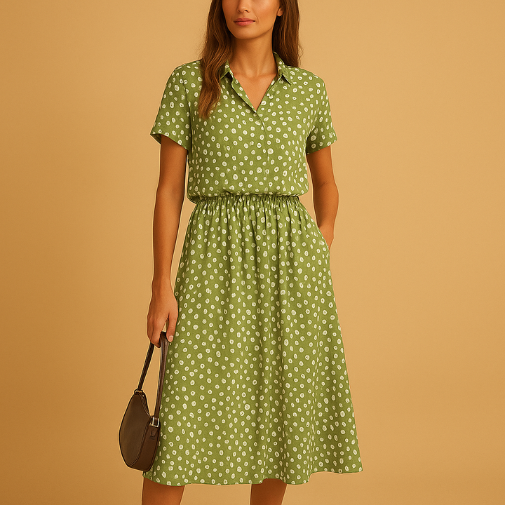 Olive green polka dot midi shirt dress with collared neckline and elasticated waist