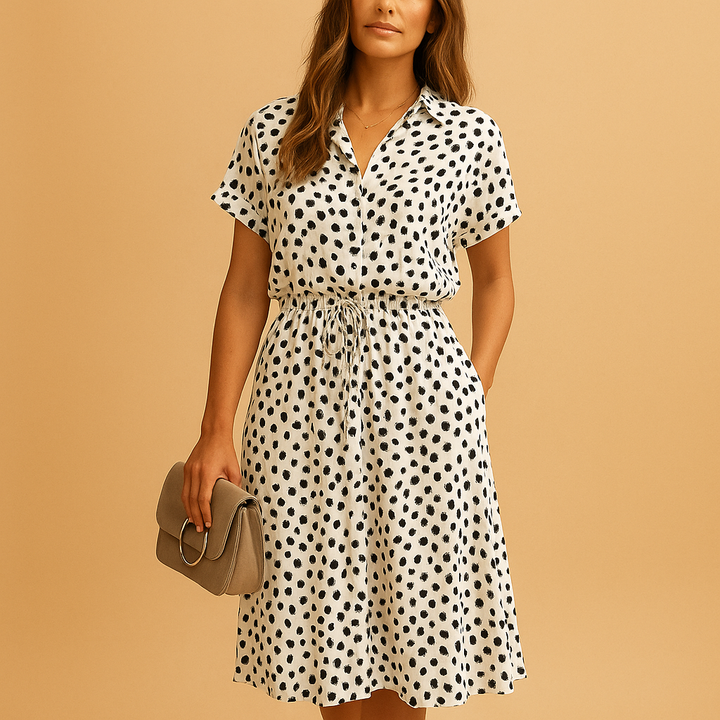 Cream and black spotted midi shirt dress with drawstring waist detail