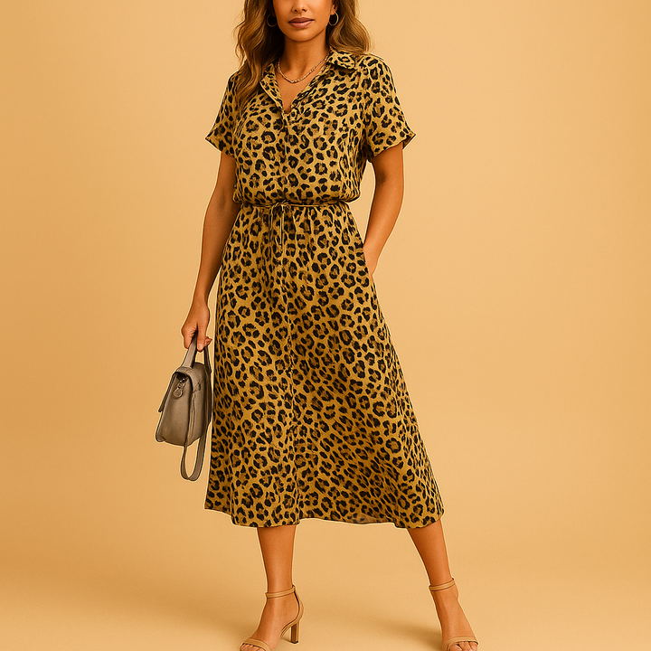 Leopard-print midi shirt dress with tie waist and short sleeves
