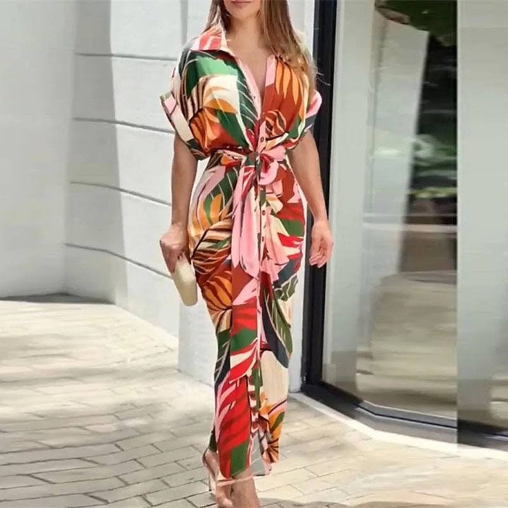 Multicolour leaf print wrap midi dress with tie waist and collared neckline