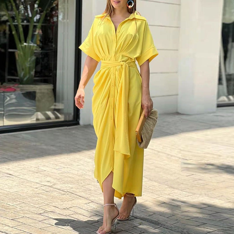 Yellow belted wrap midi dress with short sleeves and asymmetric hemline