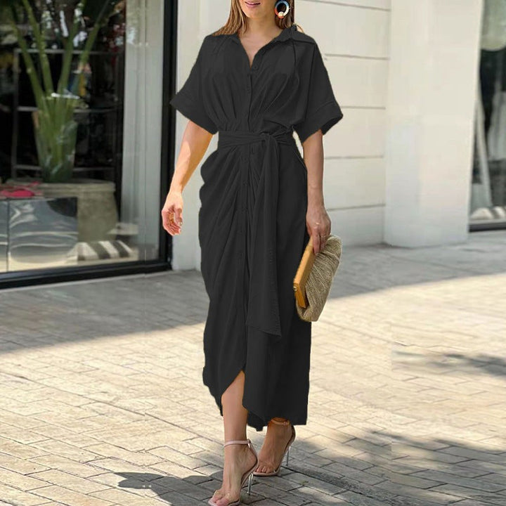 Black collared wrap midi dress with tie waist and short sleeves