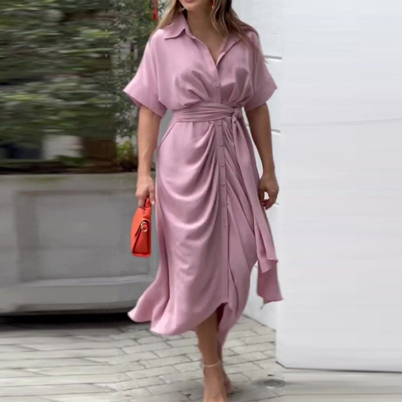 Dusky pink satin wrap midi dress with belted waist and short sleeves