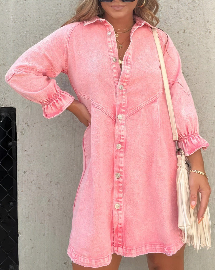 Evie | Women’s Puff Sleeve Smocked Cuffs Denim Mini Dress - image 4