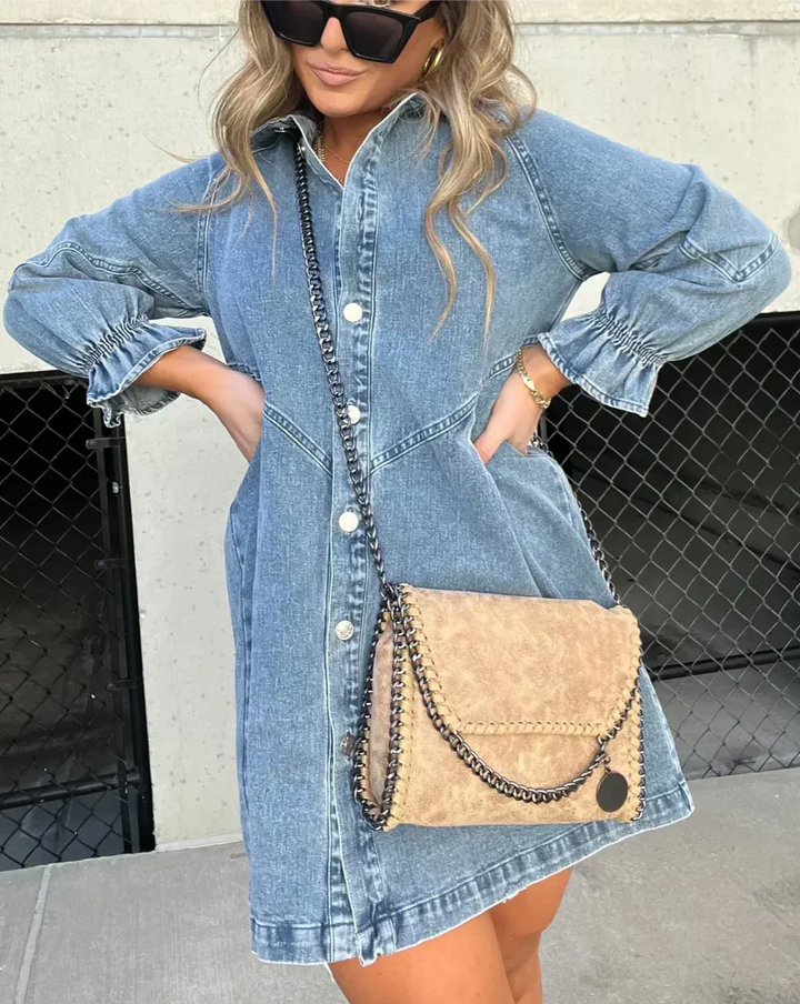 Evie | Women’s Puff Sleeve Smocked Cuffs Denim Mini Dress - image 5