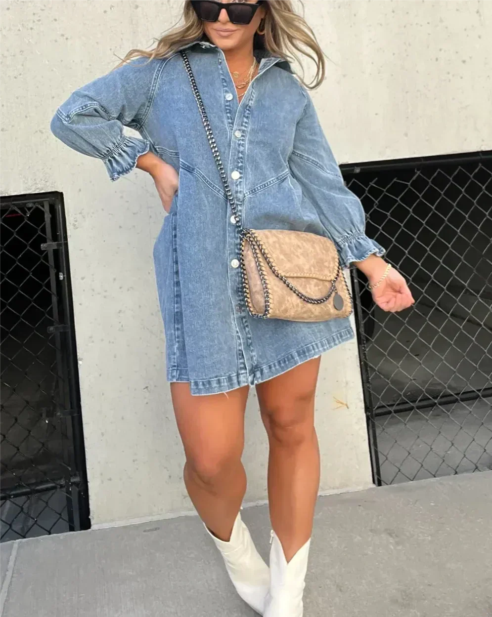 Evie | Women’s Puff Sleeve Smocked Cuffs Denim Mini Dress - image 6
