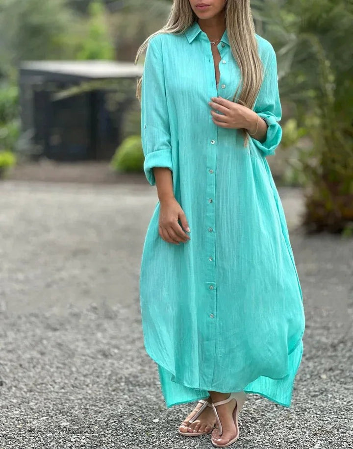 Turquoise button-through shirt maxi dress with rolled sleeves and collar
