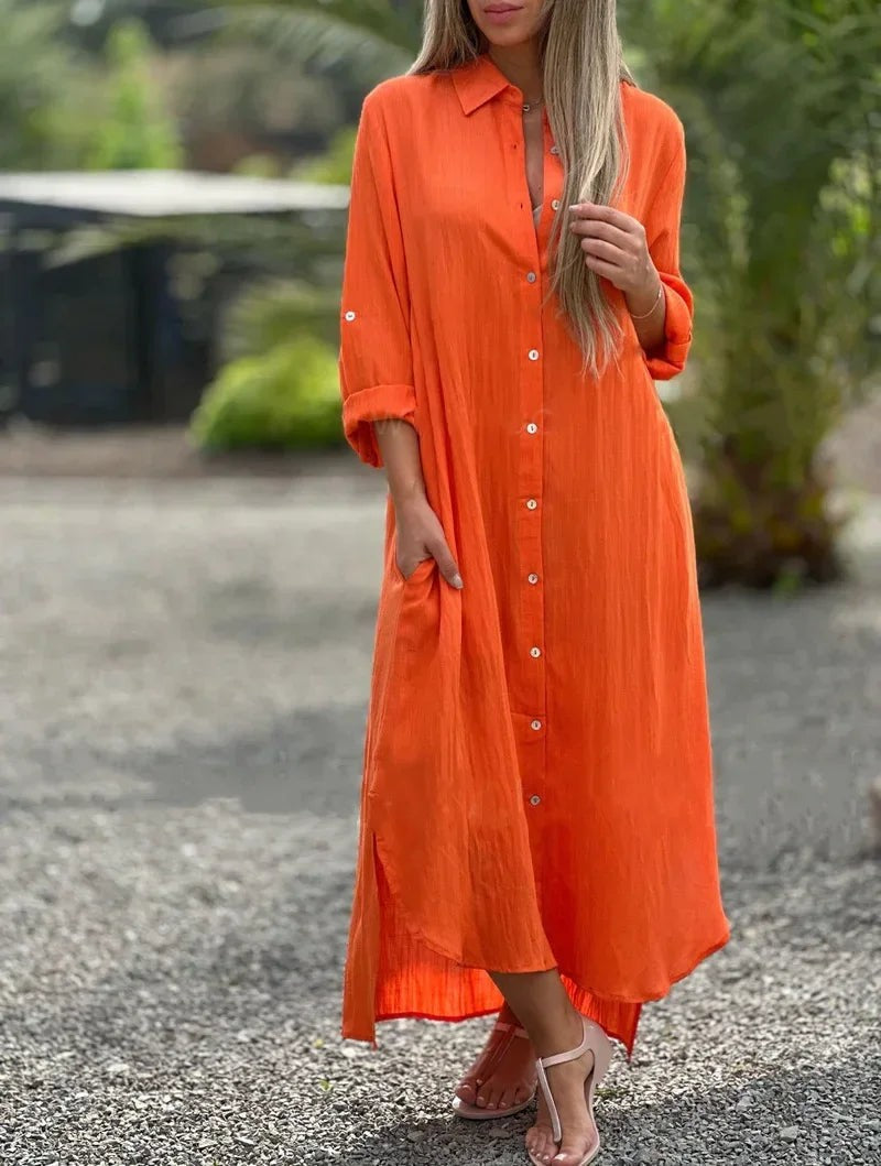 Orange long sleeve shirt maxi dress with relaxed oversized silhouette