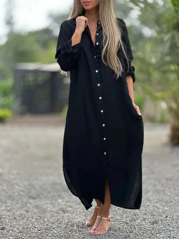 Black button-front shirt maxi dress with turned-up cuffs and collar