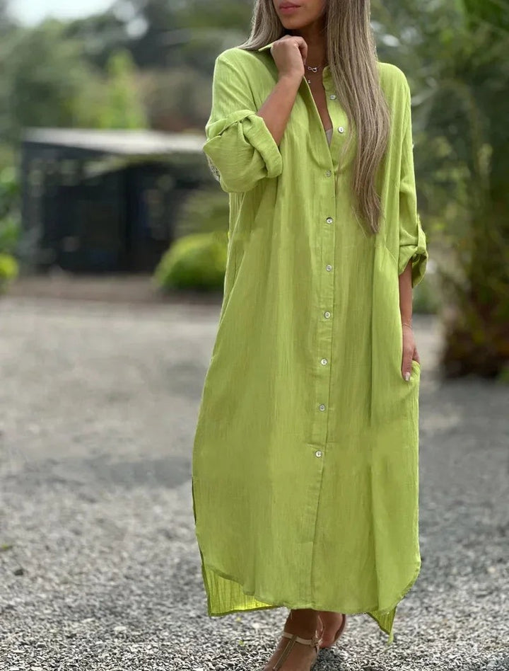 Lime green oversized shirt maxi dress with pockets and long sleeves